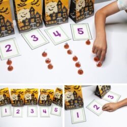 a collage of a Halloween estimation and counting activity for preschoolers