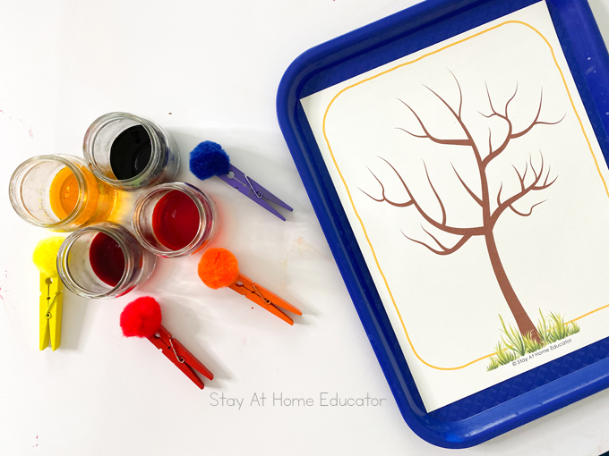 fall tree craft with watercolor and pom poms