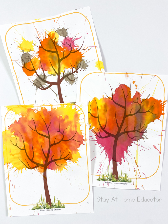 set of three fall tree craft using watercolor and free fall printable