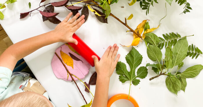 a child rolls a leaf onto fall scented playdough | leaf activities for preschool | fall sensory activity | autumn playdough ideas | fall playdough table