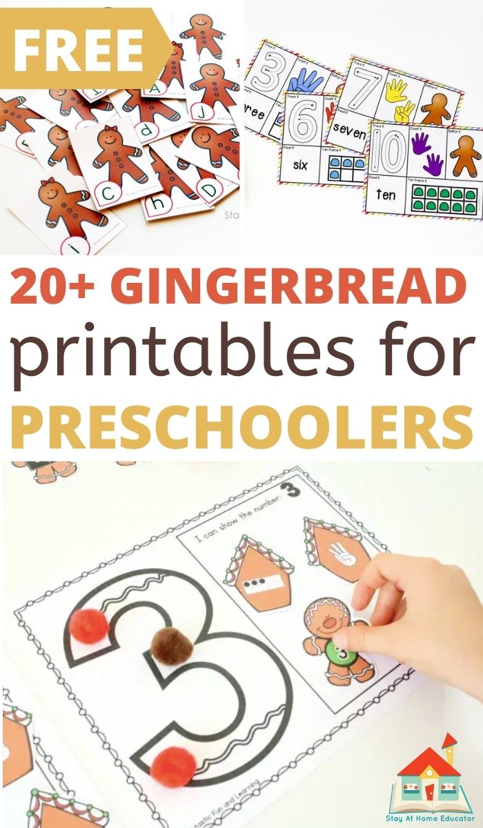 three printable gingerbread activities for preschool with the text 20+ gingerbread printables for preschoolers