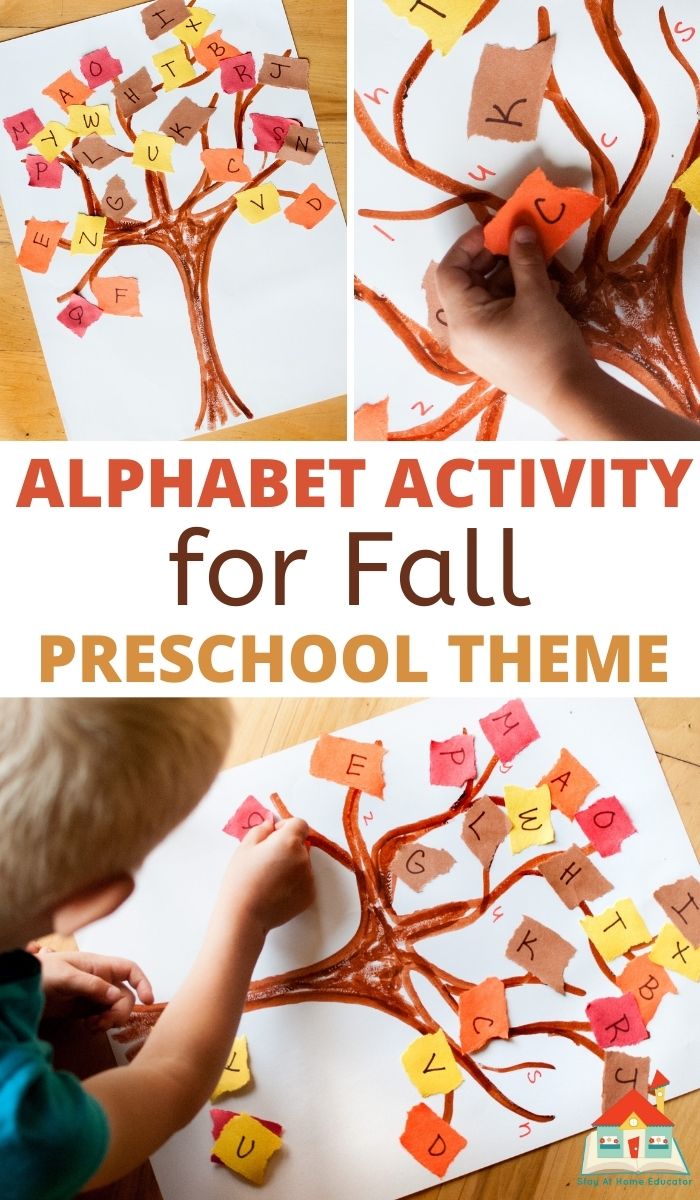 pinnable collage of three images of a preschooler putting papers with letters on them on a tree drawn on paper and the text 'alphabet activity for fall preschool theme'
