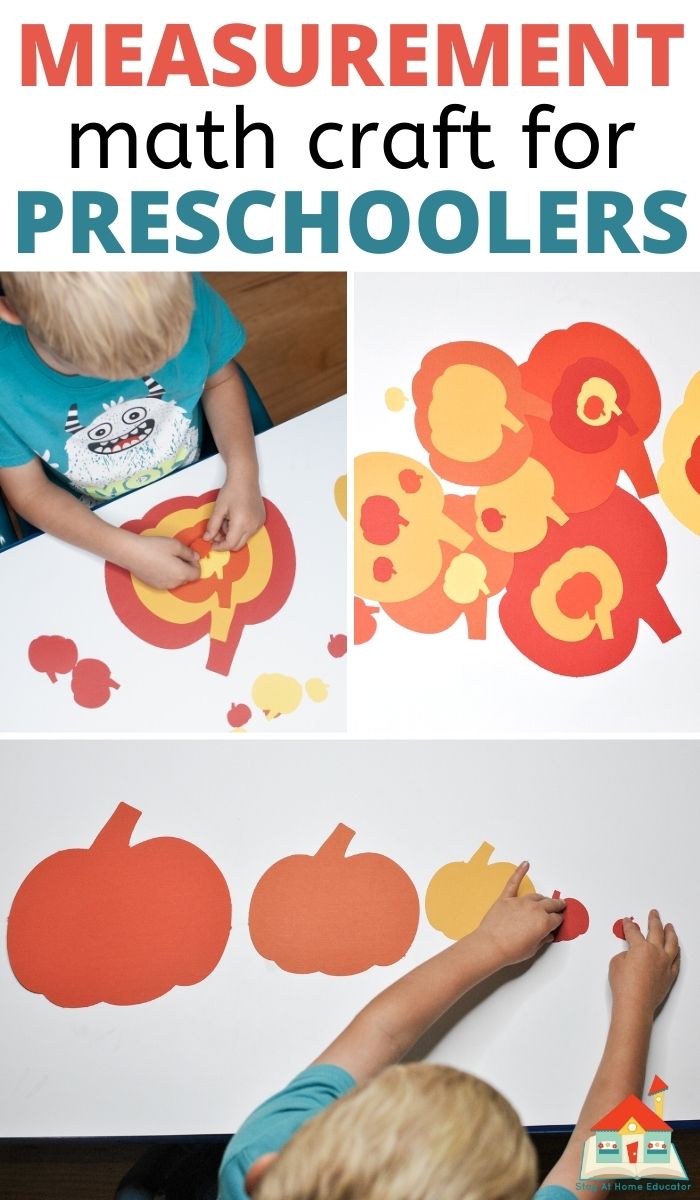 pinnable collage of three images of a child arranging construction paper pumpkins by size and the text 'measurement math craft for preschoolers'