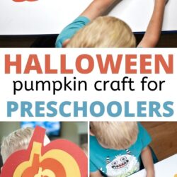 pinnable collage of three images of a preschooler layering differently sized pumpkins cut from construction paper and the text, 'halloween pumpkin craft for preschoolers'