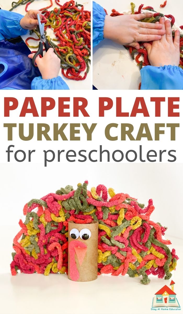 pinnable image of a child gluing colorful yarn to a paper plate and toilet paper roll with the text 'paper plate turkey craft for preschoolers'