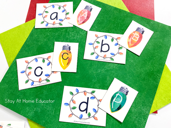 alphabet activities for Christmas | alphabet letter cards with lights and ornaments for matching, sorting, and identifying letters.
