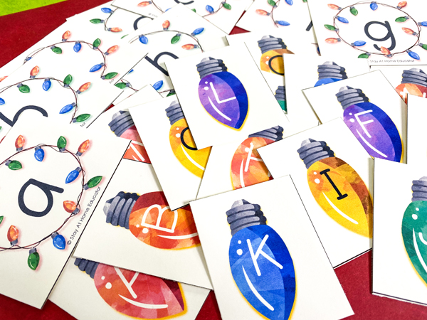 alphabet activities for Christmas | ornament and light letter cards for sorting, matching, and identifying |