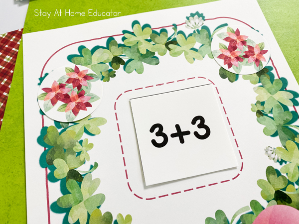 addition activities for preschool that include wreath addition mats showing the equation 3+3