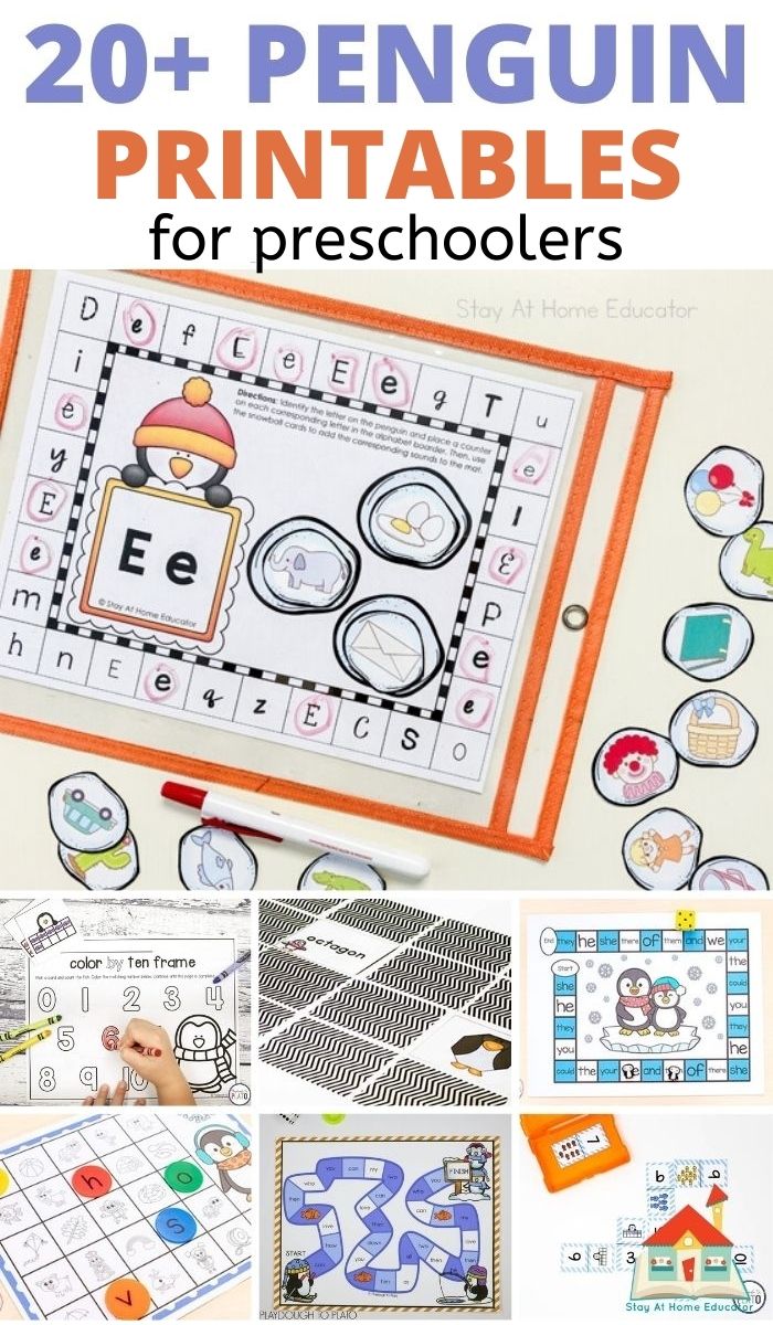 seven different themed printables in a pinnable collage with the text 20+ penguin printables for preschoolers