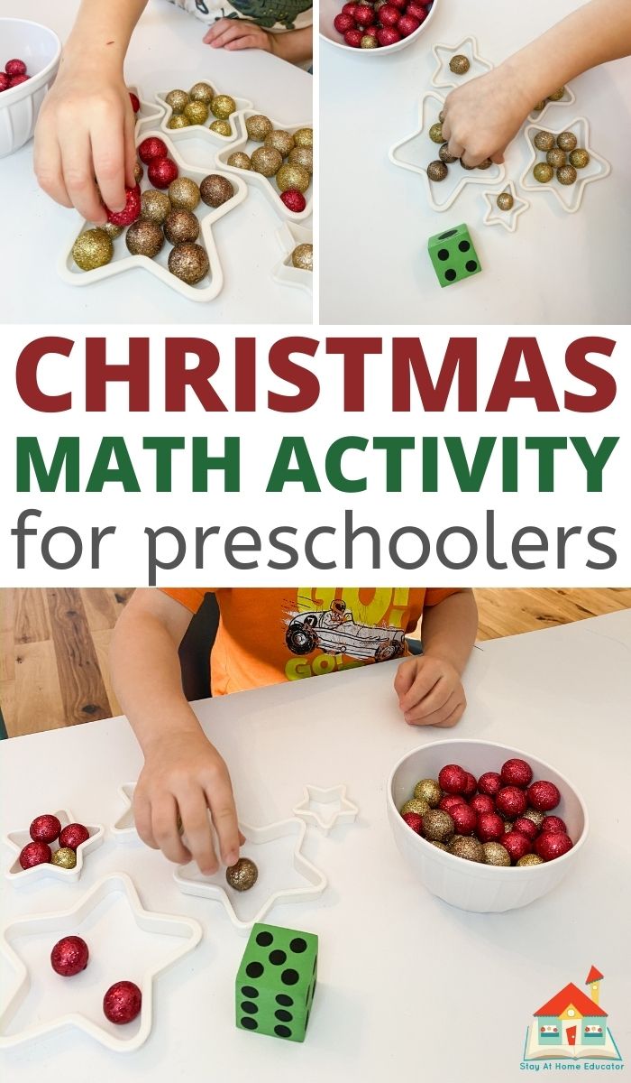 three views in a pinnable image of preschool hands counting sparkly balls into star cookie cutters and the text Christmas math activity for preschoolers
