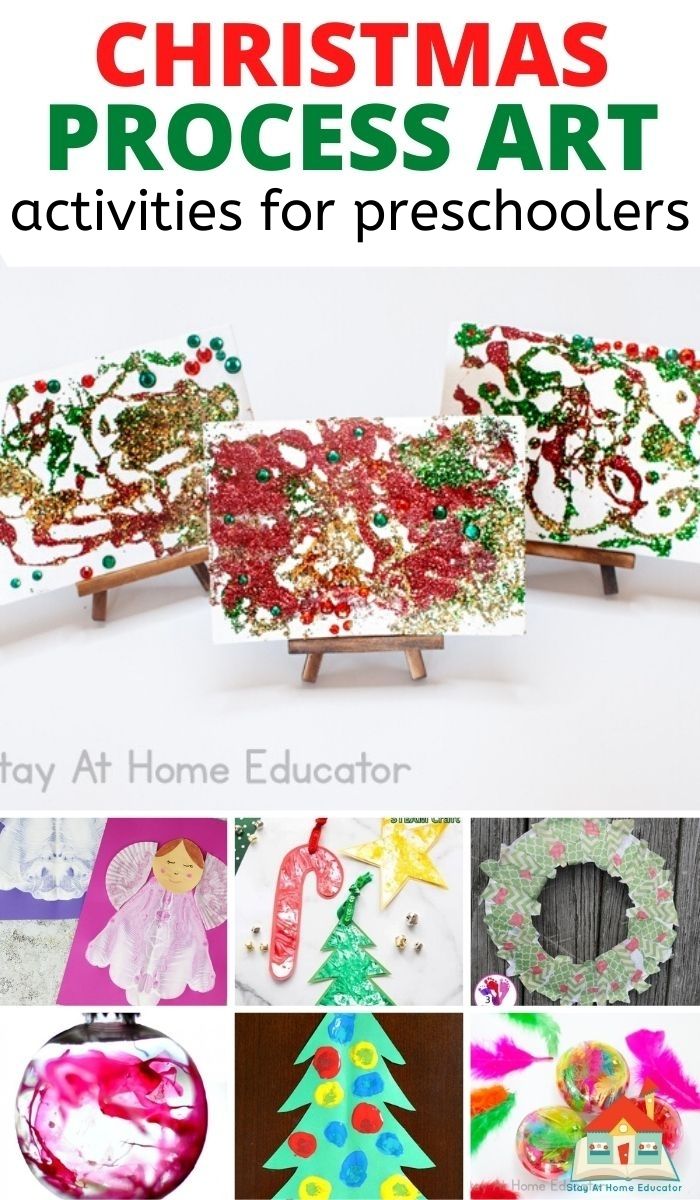 seven different finished Christmas process art activities in a pinnable collage with the text Christmas process art activities for preschoolers