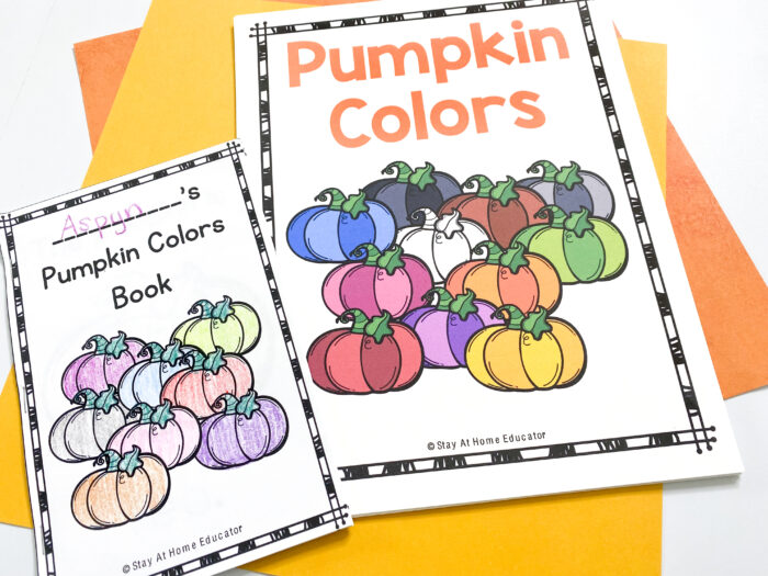 pumpkin colors booklet | pumpkin class book | learning colors | picture of colored in pumpkin booklet and full-color class book