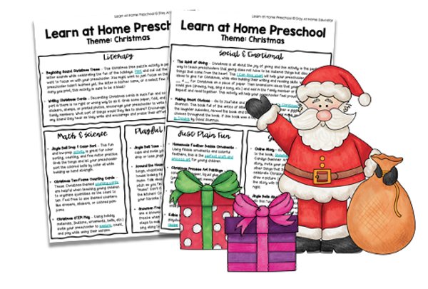 clipart santa and presents in front of printed pages of preschool activities printed from the free christmas lesson plans for preschool 