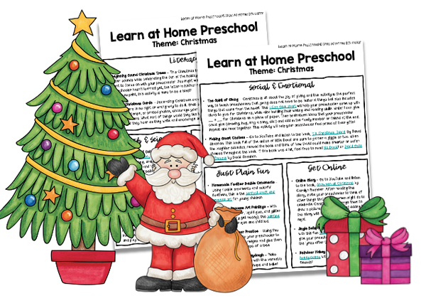 clip art Santa, presents, and a Christmas tree in front of printed pages from free preschool Christmas lesson plans