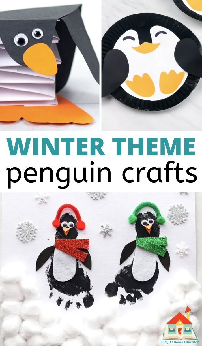 three preschool penguin crafts in a pinnable collage with the text winter theme penguin crafts