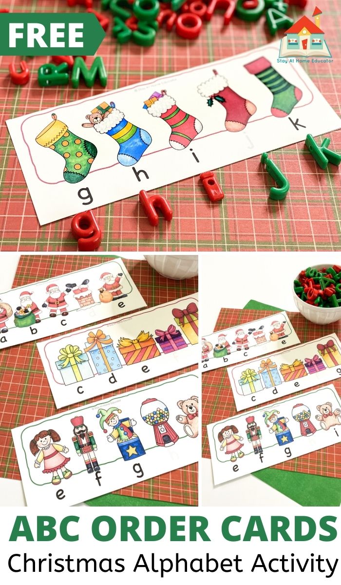 three views of printable Christmas alphabetical order activities matched with red and green alphabet manipulatives in a pinnable collage