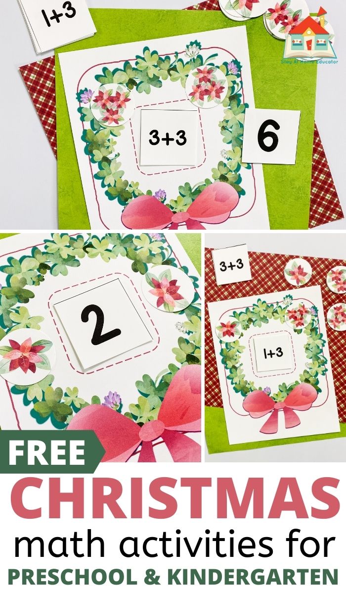 three views of printable wreath math mats to use as addition activities for preschoolers with the text free christmas math activities for preschool and kindergarten