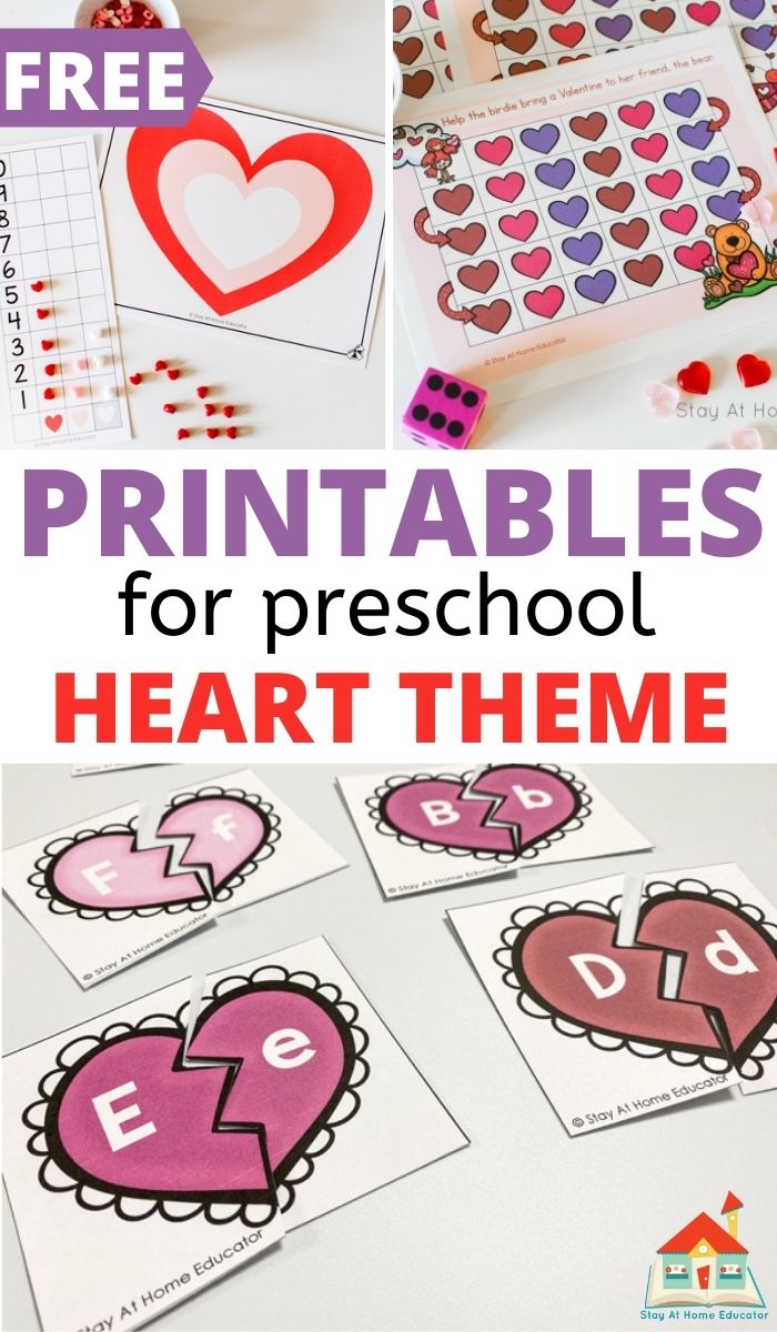 three different heart themed printables in a pinnable collage with the text printables for preschool heart theme
