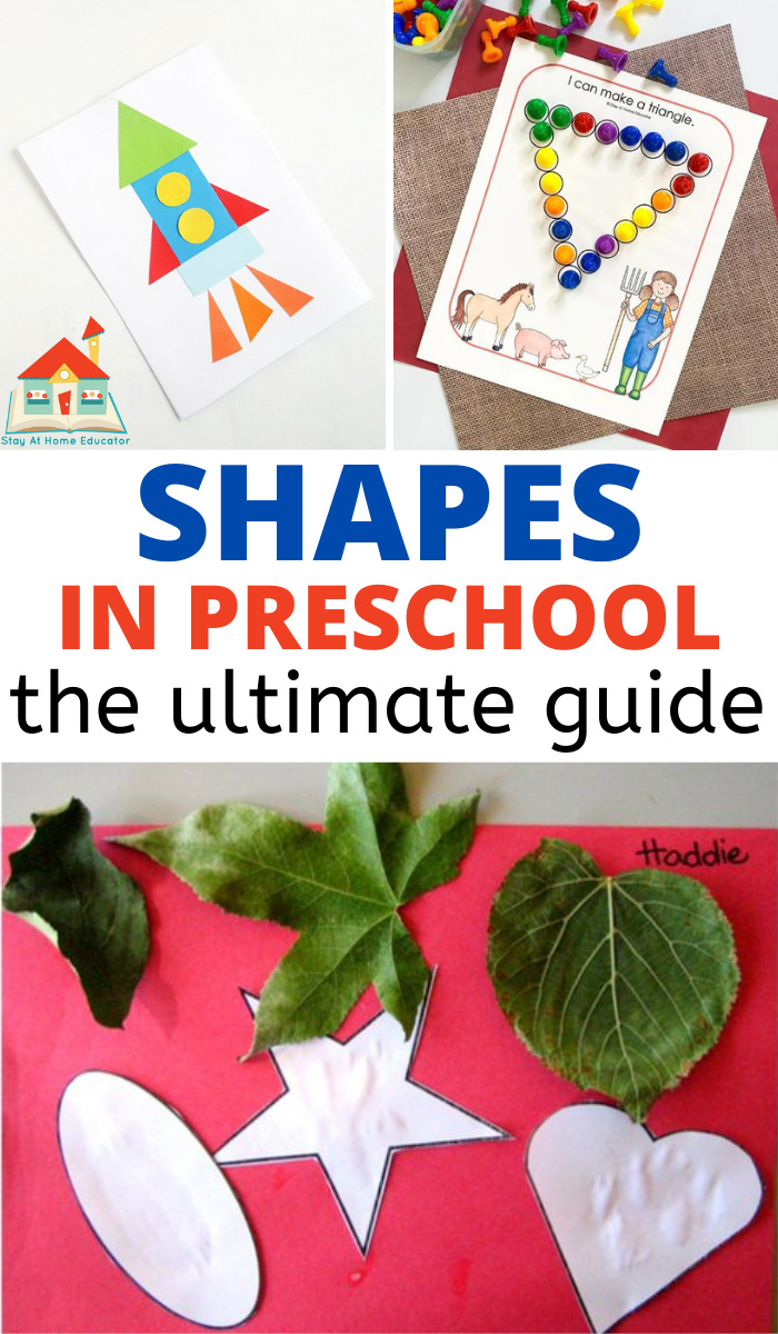 three preschool shape activities in a pinnable collage with the text shapes in preschool the ultimate guide