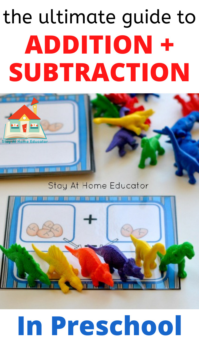 a dinosaur counting card with dinosaur manipulatives showing an addition problem and the text the ultimate guide to addition and subtraction in preschool