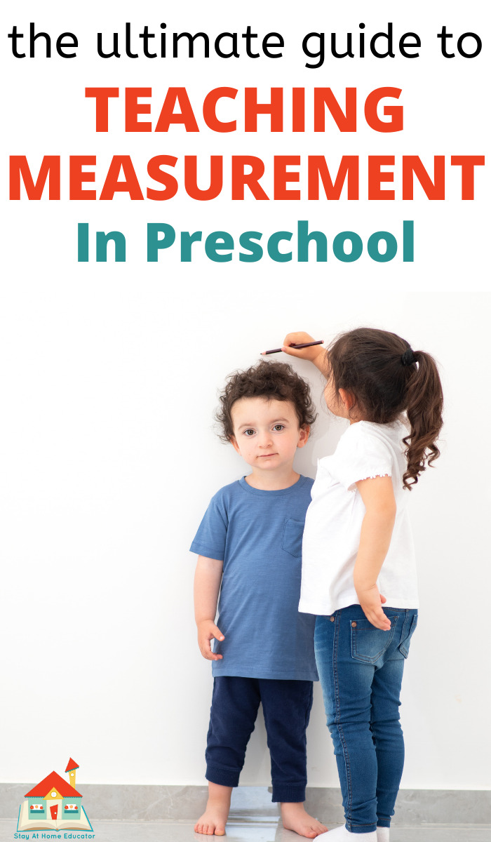 a young girl measuring her younger brother in a pinnable image with the text the ultimate guide to teaching measurement in preschool