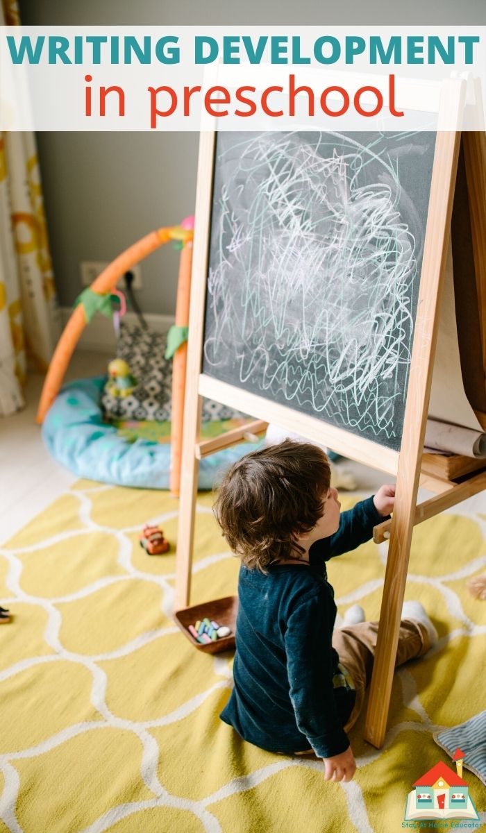 a young boy scribbling on a chalkboard in a pinnable image with the text writing development in preschool