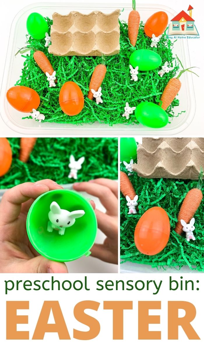 three different views of an easter-themed preschool activity and the text preschool sensory bin: Easter