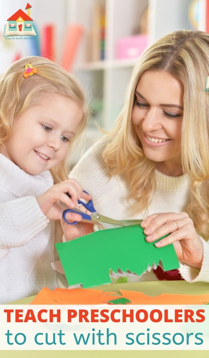a young girl cutting with scissors while supervised by her mother in a pinnable image with the text teach preschoolers to cut with scissors