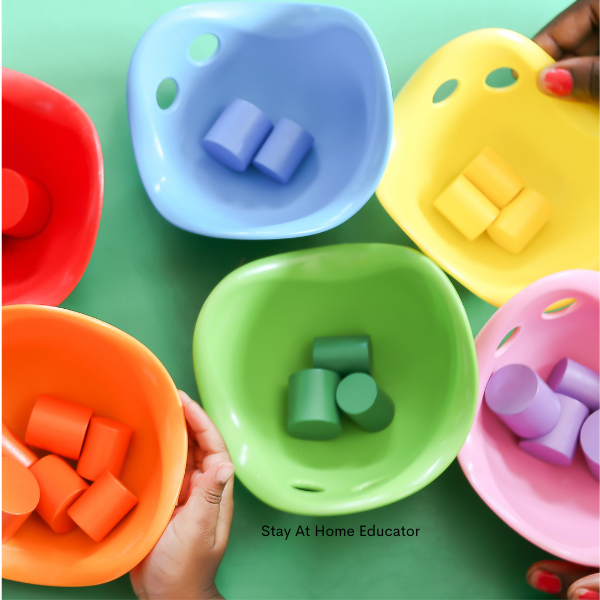 shapes being sorted by color through the use of a preschool lesson plan on comparing and sorting