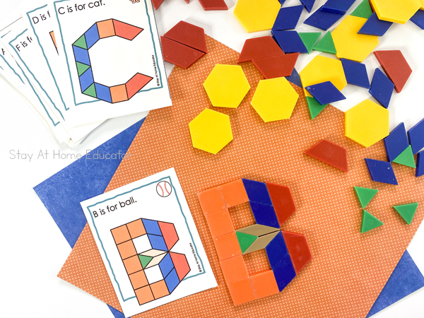 alphabet pattern blocks printable with beginning sounds| alphabet activities| task card with pattern blocks image of capital B and sentence: B is for ball and a baseball image| Pattern blocks forming a capital B directly next to letter B task card| Letter C task card with loose stack of assorted task cards| assorted pattern blocks