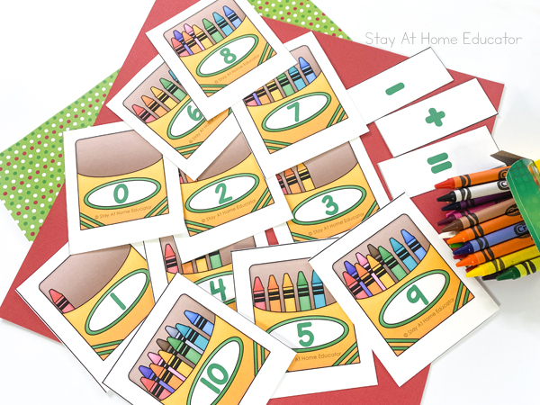 back to school math activities| preschool hands-on math activities| Images of all the counting cards on free printable| Each card has a crayon box with a numeral (0-10) and the respective number of crayons pictured in each box|| A plus, minus, and equals sign that can be cut out for addition and subtraction practice| picture of assorted real crayons coming out of a crayon box