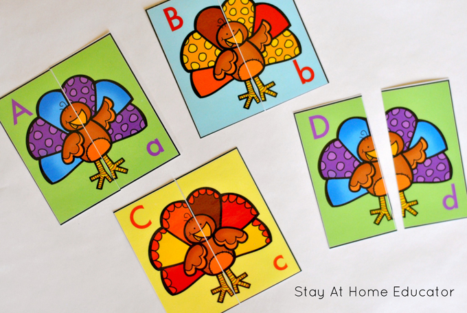 turkey alphabet matching puzzles_printable turkey activities for preschoolers, turkey activities for Thanksgiving preschool themes
