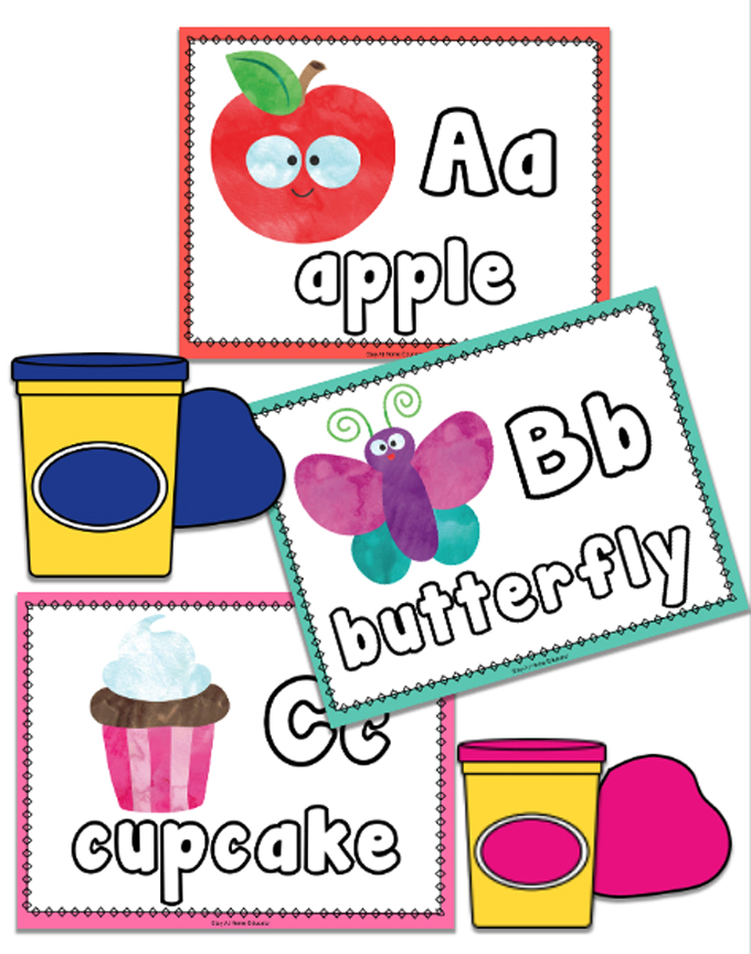 alphabet playdough mats for preschool back to school | Aa apple, Bb butterfly, Cc cupcake letter and word alphabet playdough cards |