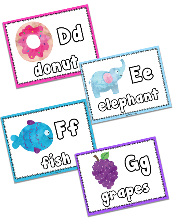 alphabet playdough mats | Letters Dd donut, Ee elephant, Ff fish, Gg grapes alphabet play dough cards |