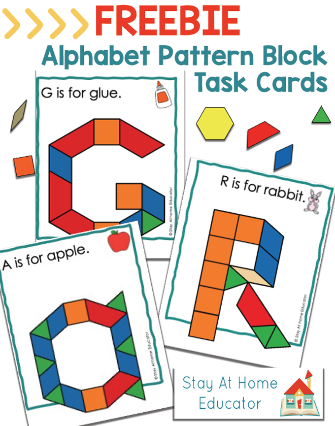 alphabet pattern blocks printable with beginning sounds| alphabet activities | task cards with pattern blocks that form capital G, capital R, and lowercase a| cards have a sentence on the top and a picture of the mentioned item: G is for glue. R is for rabbit. and A is for apple | a few scattered pattern blocks