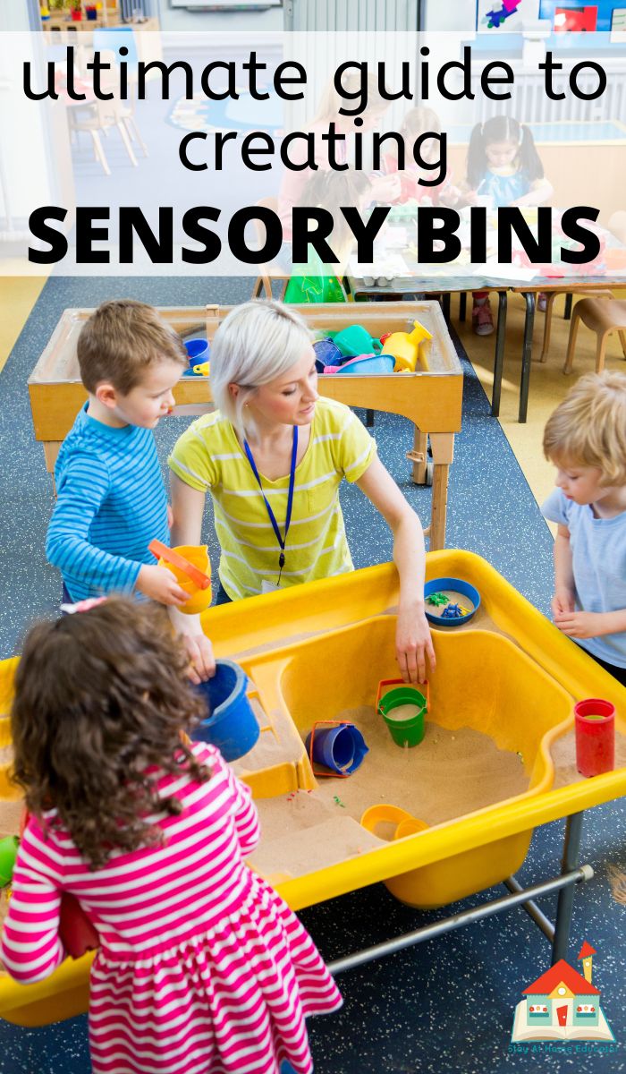 children using sensory bins to explore various textures, tools, and practice cooperation with peers.