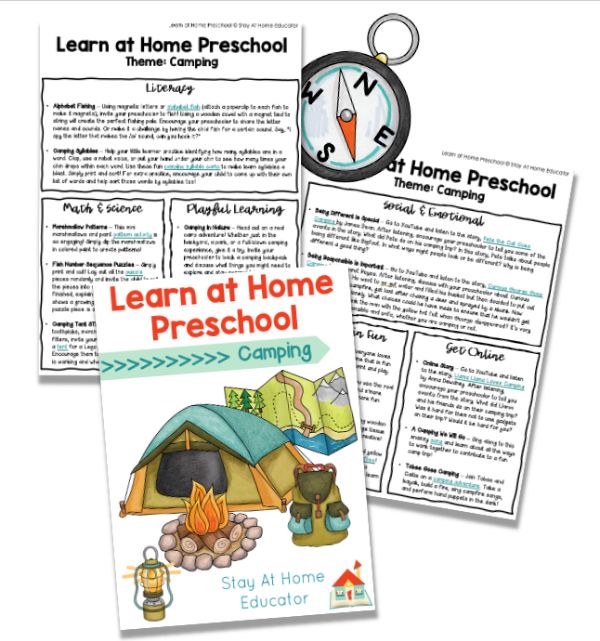 learn at home preschool camping theme | camping lesson plans for preschoolers | camping activities for literacy, math, social-emotional, playful learning |