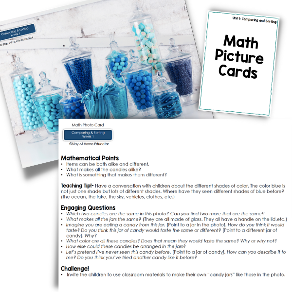 math photo cards are included in the sorting lesson plans for preschoolers and help develop the awareness of sorting in the real world.