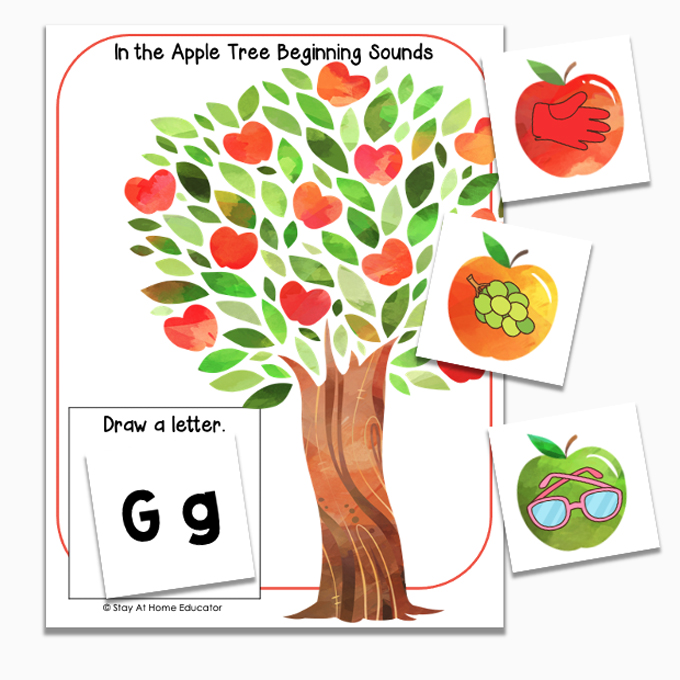 apple tree beginning sound activity, fall literacy activities for preschoolers