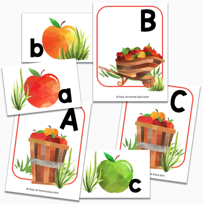 fall literacy activities for preschoolers, apple alphabet matching game