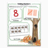 hibernation math activities for preschool| Number sense preschool activity titled Building Numbers| Image shows Numeral 8, eight tally marks, and 8 nuts in a ten frame| Tree, squirrel, hedgehog and fall leaves help tie this into a hibernation preschool theme|