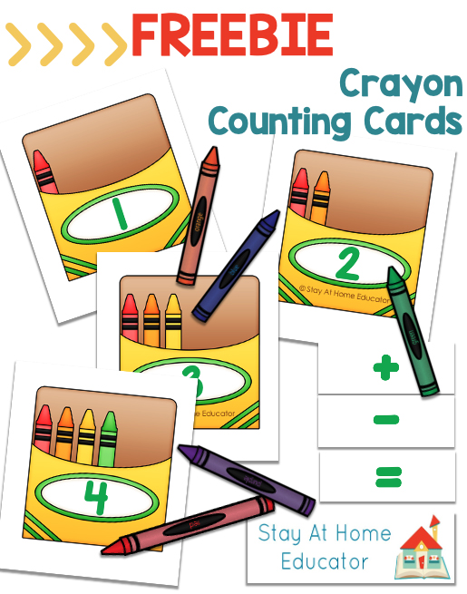 back to school math activities| math activities for back to school| preschool hands on math activities| image of FREE printable with title "FREEBIE Crayon Counting Cards"| Pictures of four card which have crayon box image each with a numeral, 1, 2, 3, 4 and each with its respective number of crayons showing in the box| miscellaneous crayons scattered| A plus, minus, and equals sign that can be cut out for addition and subtraction practice 