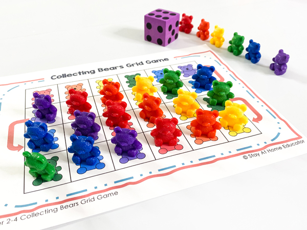 The goal of this game is to collect bears as you roll the dice and count. This center is part of the counting lesson plans for preschool and is a preschool kid favorite.