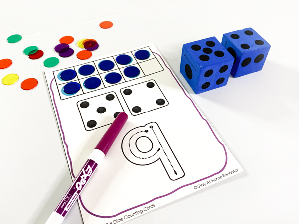 These dice counting cards are great for subitizing and learning dice patterns for number recognition. This center is available in the counting preschool lesson plans.
