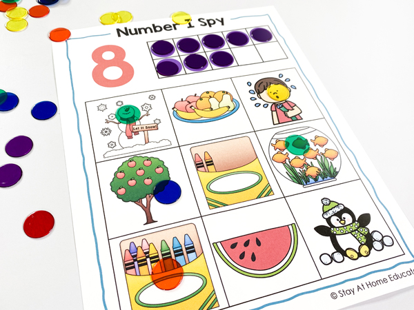 This number I spy is a fun preschool math game where children search and find the squares with the correct number of items. This center is available in the counting lesson plans for preschool.