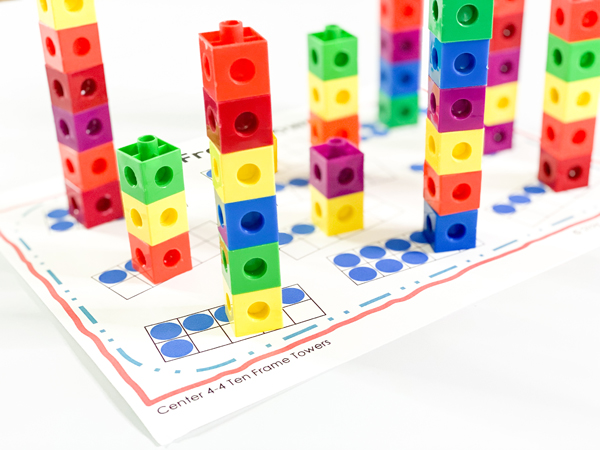 This math center focuses on children using snap cubes to create number towers that match the number on the ten frames. This math center can be found in the counting 0-10 preschool lesson plans.
