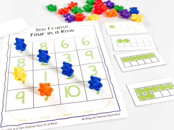 This math center reinforces subitizing as children select a ten frame card and find the matching numeral and place a counter on top. Four in a row wins! This center is included in the counting 0-10 preschool lesson plans.
