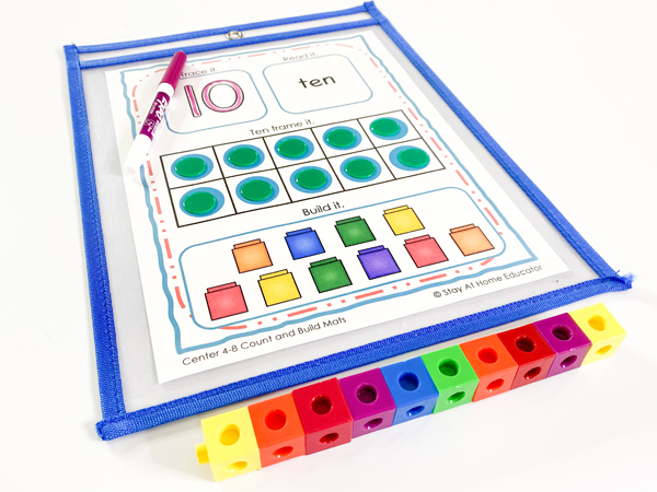This center is designed to help children see the many ways that we can represent a number; by using tally marks, ten frames, dice, and snap cubes. This center is included in the counting 0-10 preschool lesson plans.