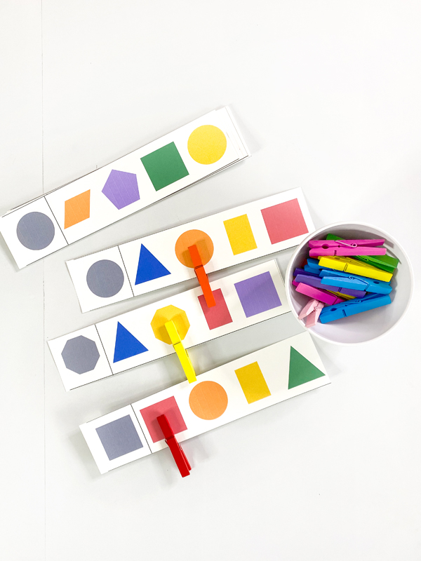 This shape center is included in the shapes lesson plans for preschool and invites children to match different shapes and visually discriminate between different shapes.