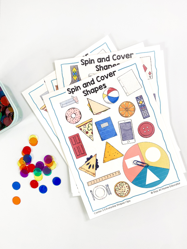 This shape center invites children to sort by shapes they see everyday. Using game marker chips, children can spin and cover the match. This shape center is included in the shape daily lessons in mathematics preschool curriculum. It also includes daily math whole group lessons for shapes, as well. 
